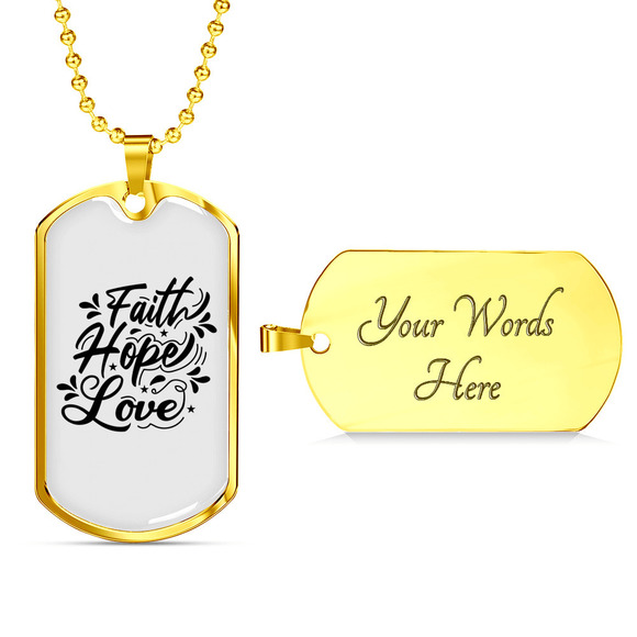 Faith Hope Love Cursive Necklace Stainless Steel or 18k Gold Dog Tag 24" Chain - Picture 2 of 2